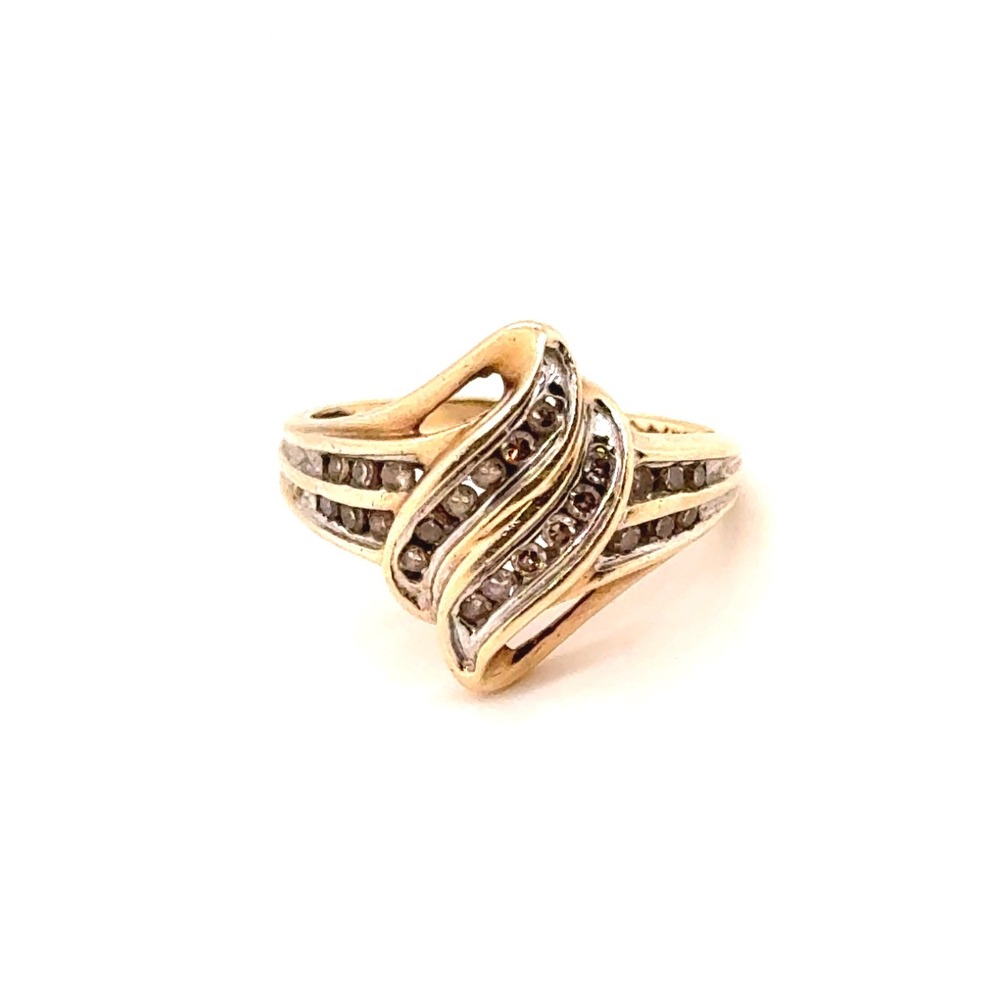 10k Yellow Gold Real Diamond Bypass Ring Size 7 Swirl Multi Row 3.35g